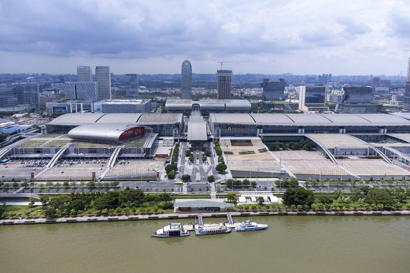 Aerial view of the Canton Fair Complex in Pazhou, Guangzhou, with exhibition halls A, B and C and the Canton Fair Building